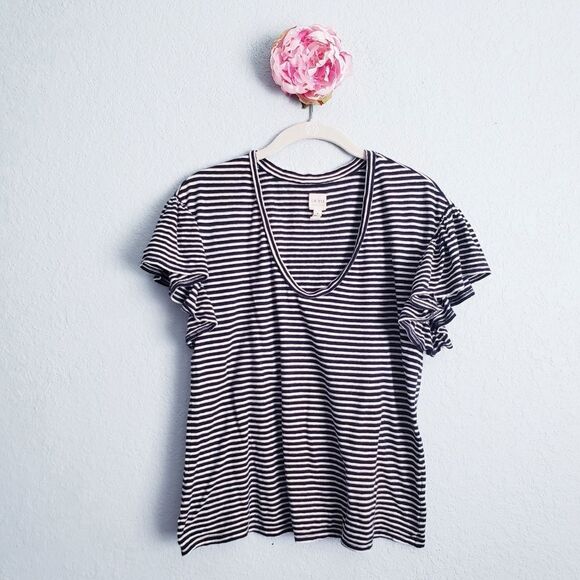 La Vie Rebecca Taylor Black and White Striped V-neck Ruffle Tee - Picture 1 of 6
